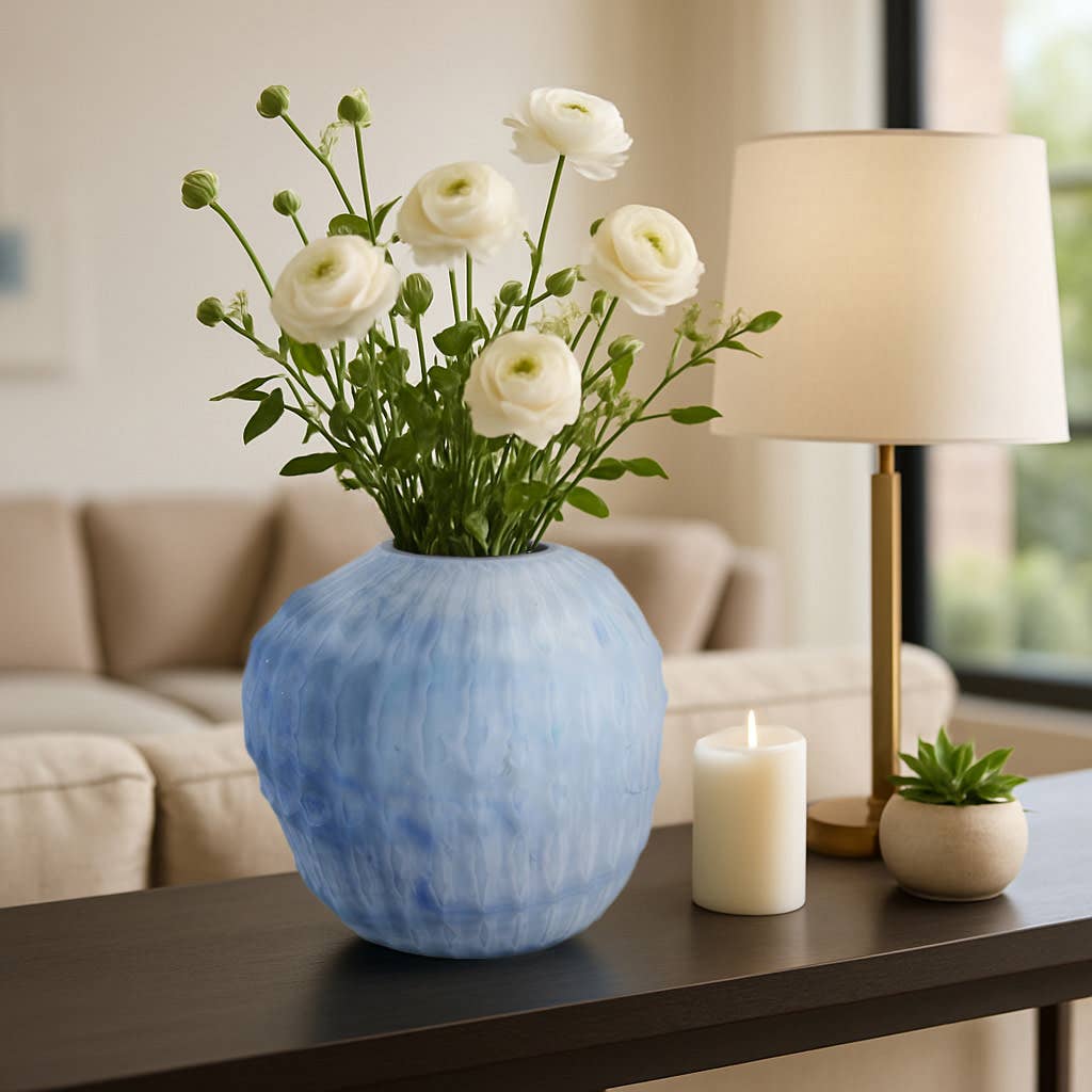 Decorative Vase - Blue Glass Carved Ribbed Pattern, 11 in.