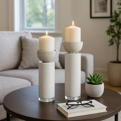 Candle Holders Set of 2 - White Resin Cylinder, 11/13 in.