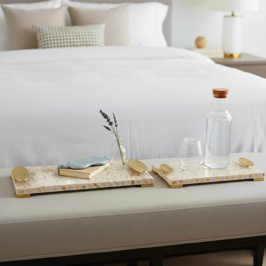 Trays Set of 2 - White Wood Rectangular Textured, 18/22 in.