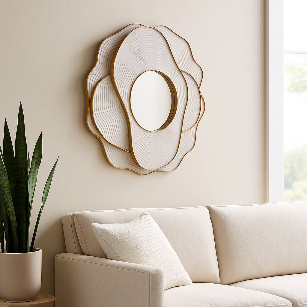 Wall Mirror - Ivory Wood Blooming Flower Layered, 39 in.