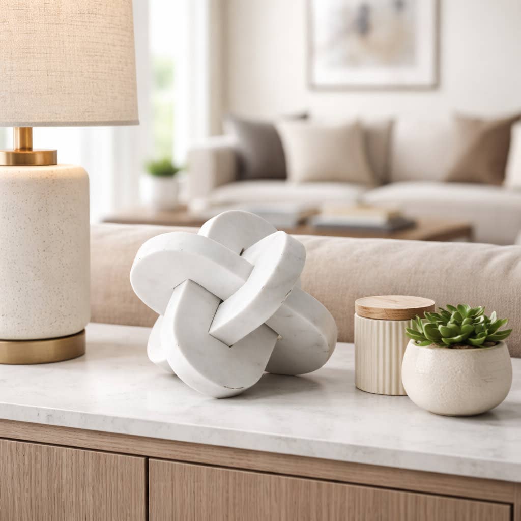 Sculpture - White Marble Interlocking Knot Design, 9 in.