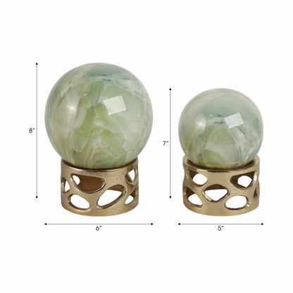 Decorative Object S/3 - Green Marble and Metal Orb, 7/8 in.