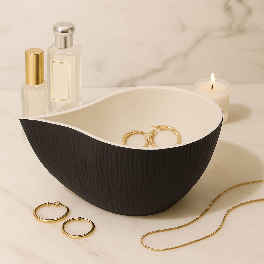 Bowl - Black/White Porcelain Teardrop Textured, 14 in.