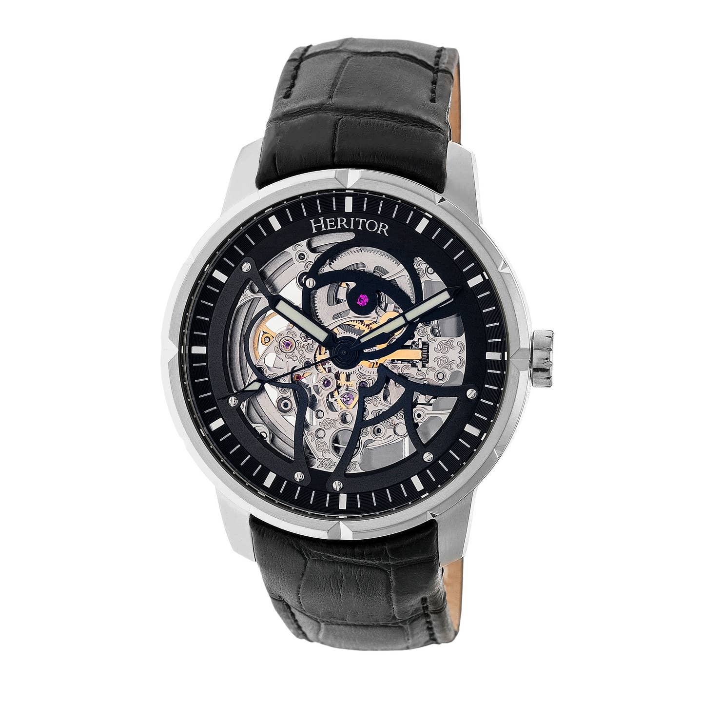 Heritor Ryder Men's Automatic Skeleton Leather Watch, Silver/Black