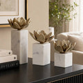Sculpture Set 3 -Bronze Marble/Metal Flower Statue 6/7/10 in