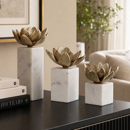Sculpture Set 3 -Bronze Marble/Metal Flower Statue 6/7/10 in