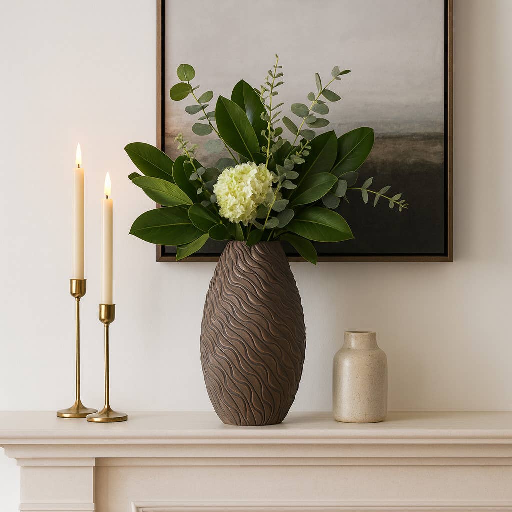 Decorative Vase - Brown Ceramic Textured Wave, 14 in.