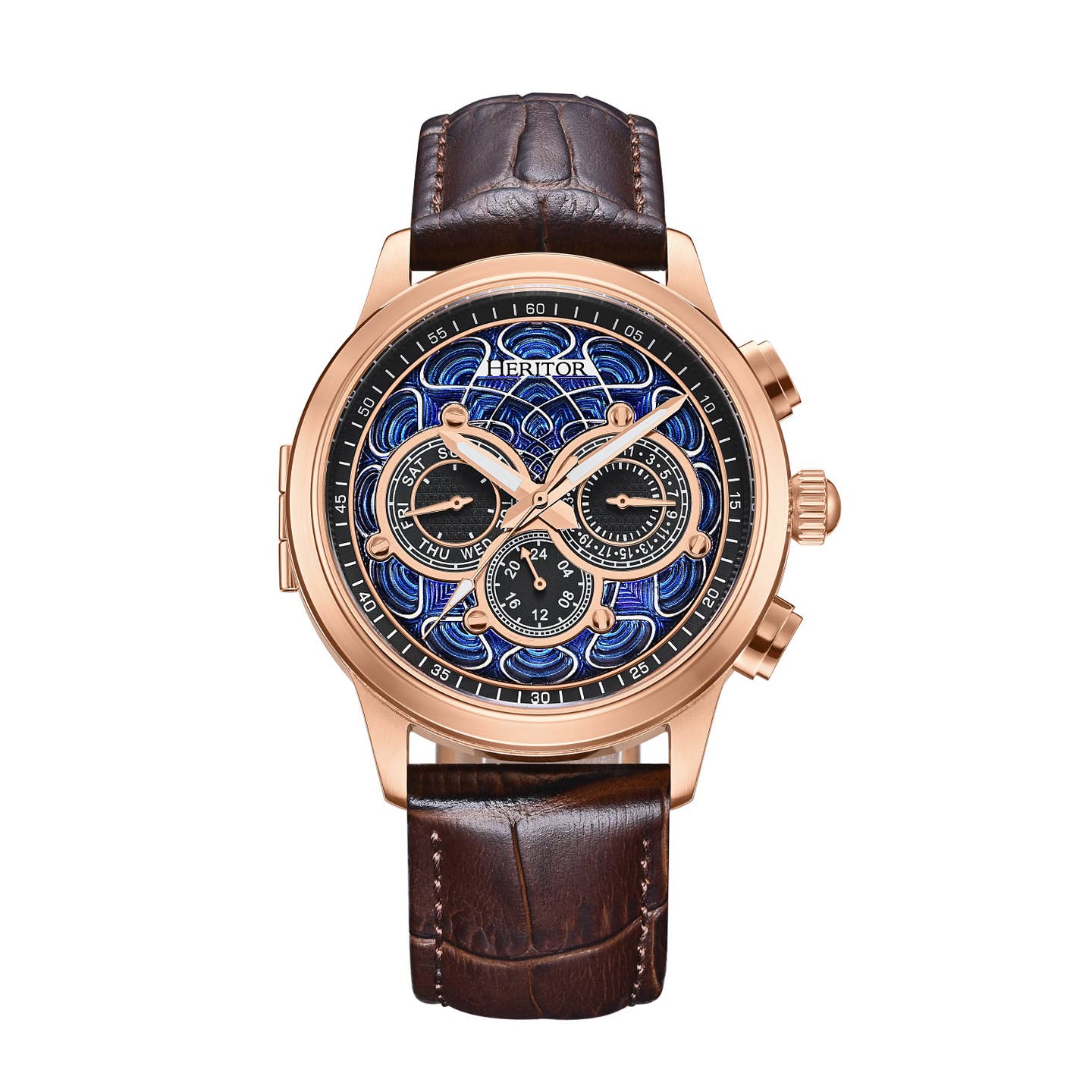 Heritor Apostle Leather Band Men's Automatic Day-Date Leather Watch, Brown/Blue