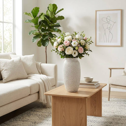 Decorative Vase - White Earthenware Textured Cylinder, 15 in