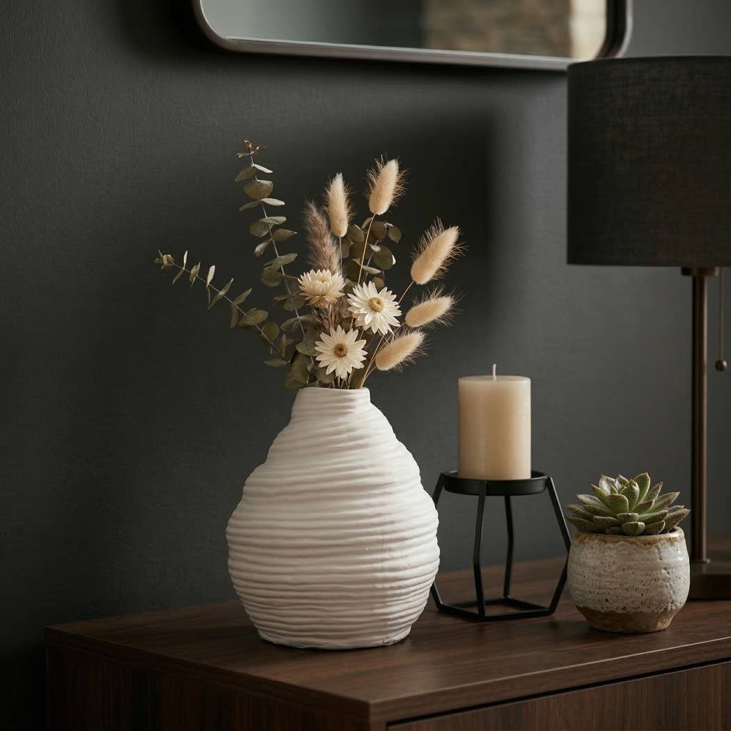 Decorative Vase - White Terracotta Layered Textured, 9 in.