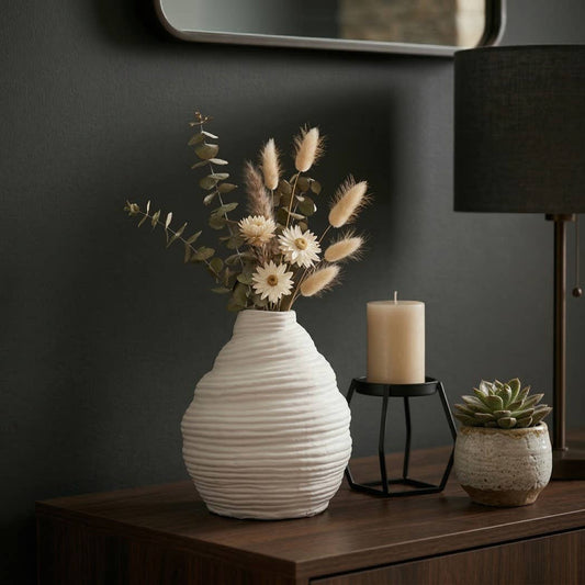 Decorative Vase - White Terracotta Layered Textured, 9 in.