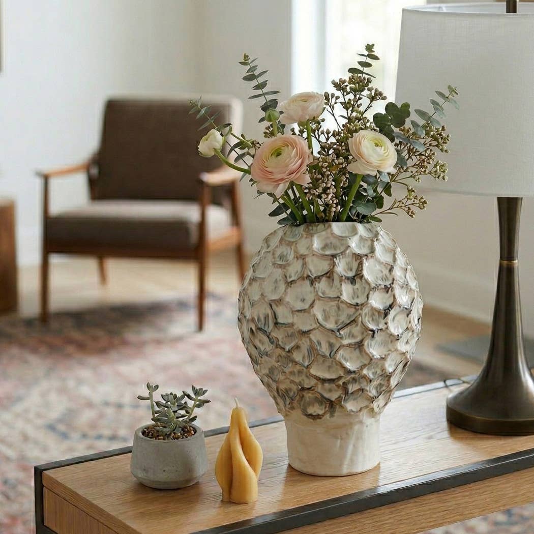 Decorative Vase - Tan Ceramic Textured Fish Scale, 14 in.