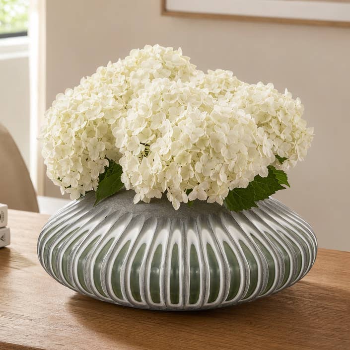 Decorative Vase - Green Glass Small Ribbed Disc, 14 in.
