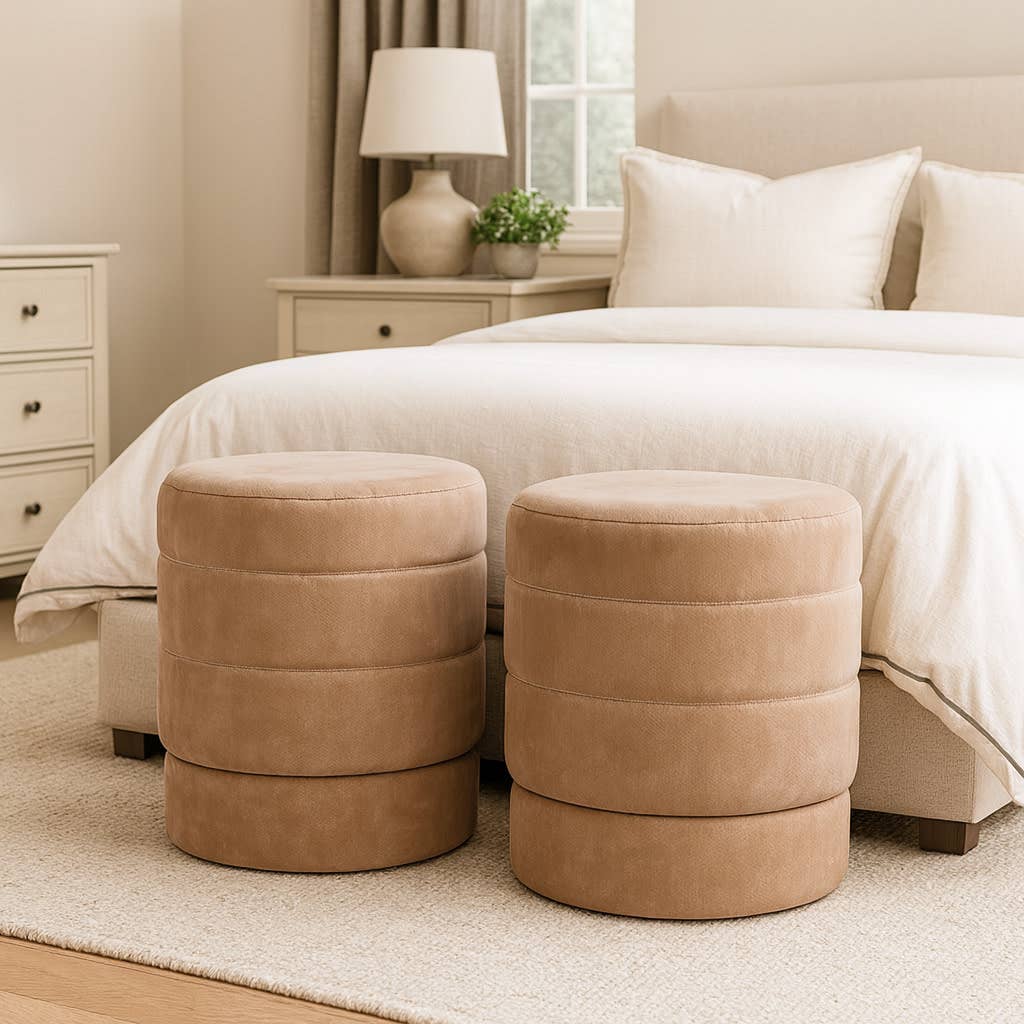 Ottoman Stool - Brown Wood Compact Pouf Footstool, 19 in.