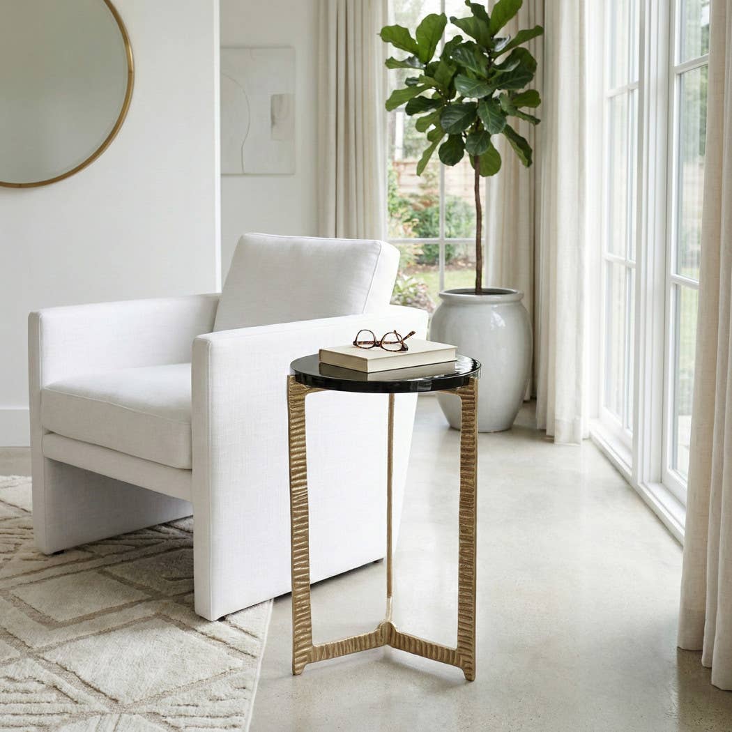 Side Table - Clear Glass Top On Textured Metal Base, 22 in.