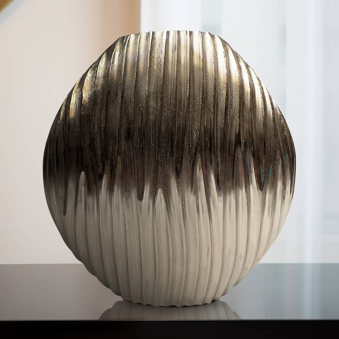 Decorative Vase - Silver Metal Medium Textured Ridged, 13 in