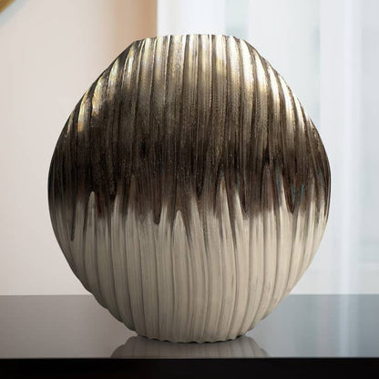 Decorative Vase - Silver Metal Medium Textured Ridged, 13 in