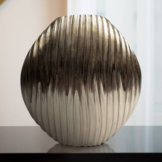 Decorative Vase - Silver Metal Medium Textured Ridged, 13 in