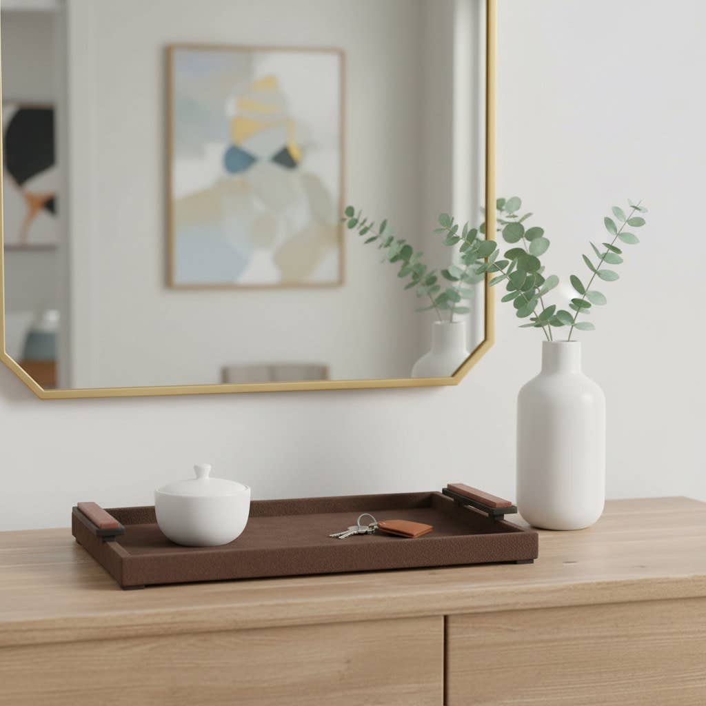 Decorative Tray - Brown Metal with Gold Gemstone, 19 in.