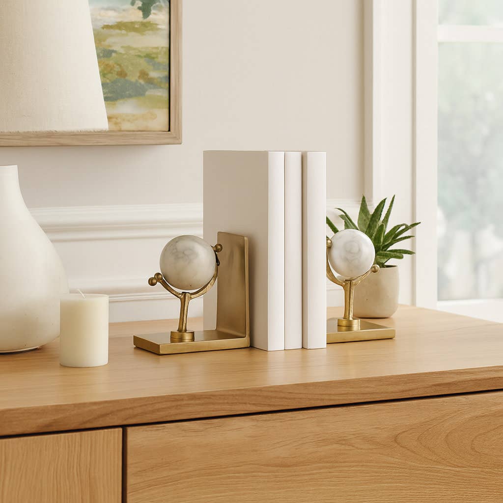 Bookends Set of 2 - Gold Marble Globe Sculpture, 11 in.