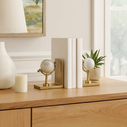 Bookends Set of 2 - Gold Marble Globe Sculpture, 11 in.