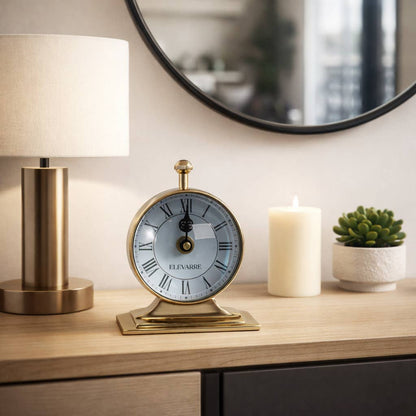 Desk Clock - Gold Metal Double-Sided Compass Back, 7 in.