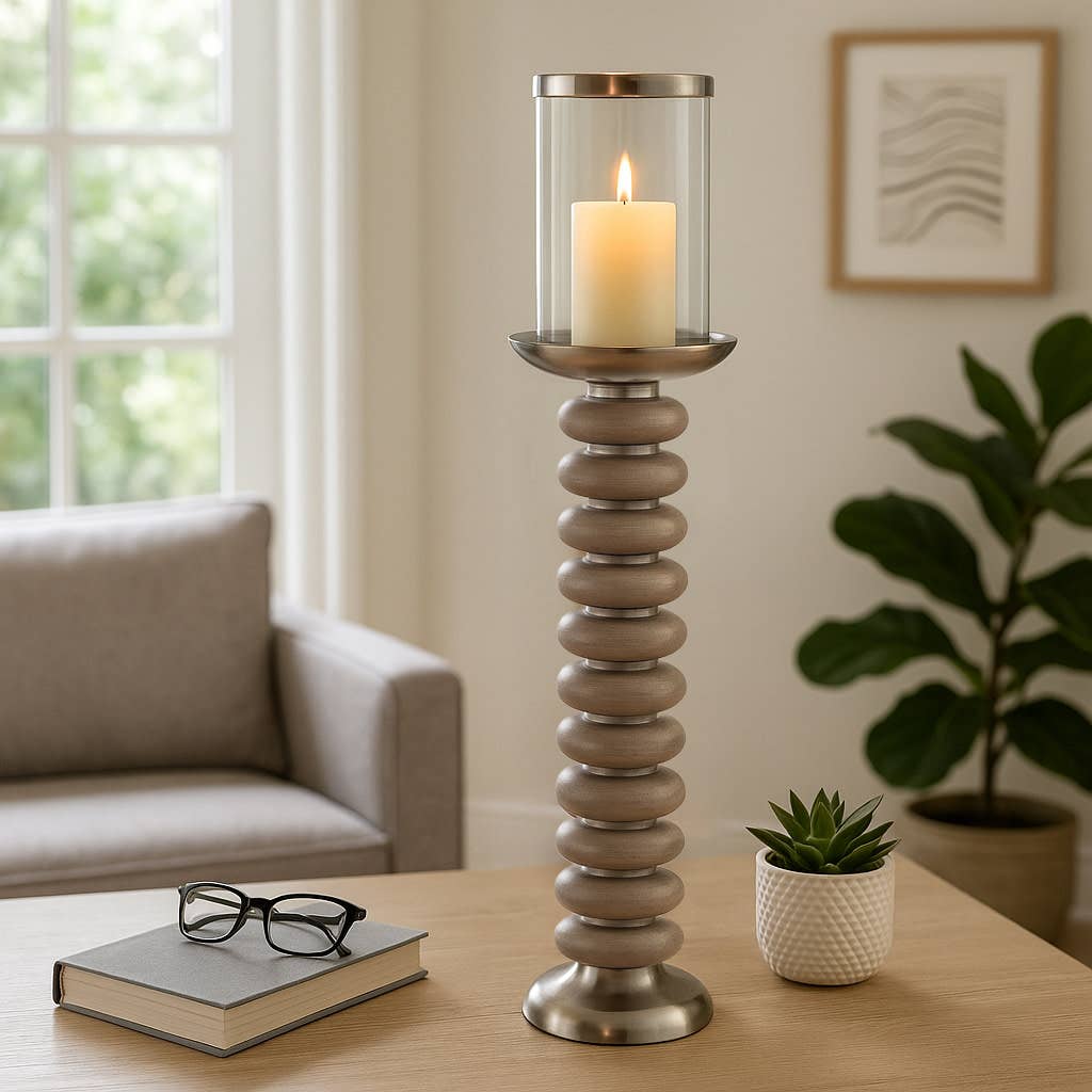 Candle Holder - Grey Wood Pillar with Ring Base, 25 in.