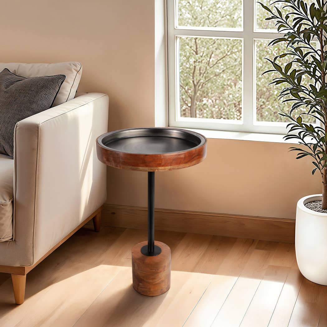 Side Table - Brown Wood Short with Metal Top, 23 in.