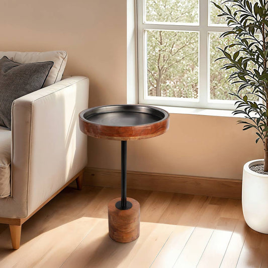 Side Table - Brown Wood Short with Metal Top, 23 in.