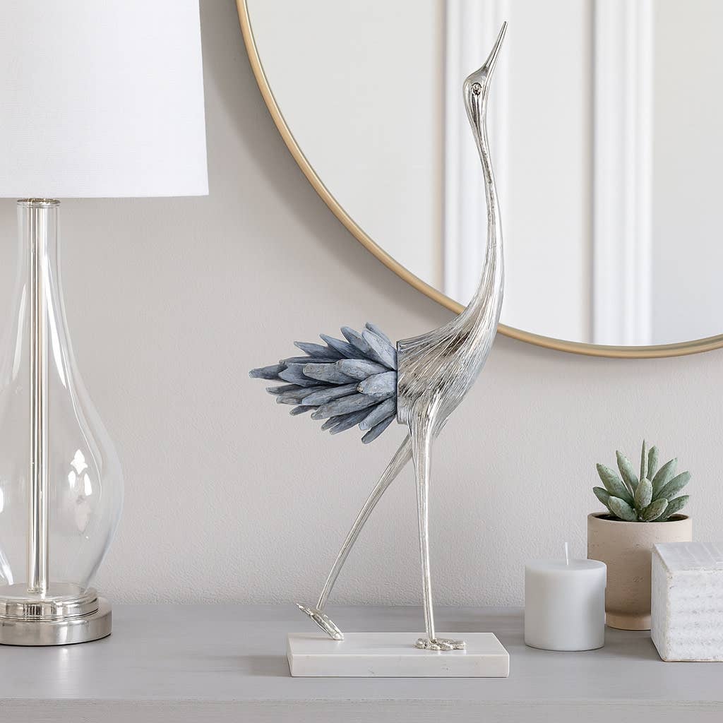 Figurine - Blue/Silver Metal Bird with Marble Base, 14 in.