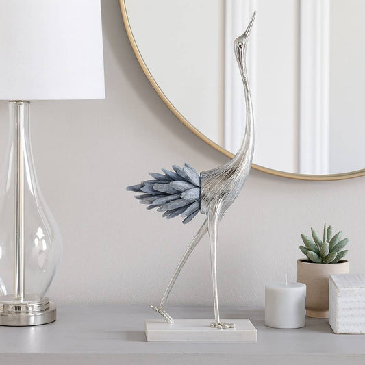 Figurine - Blue/Silver Metal Bird with Marble Base, 14 in.