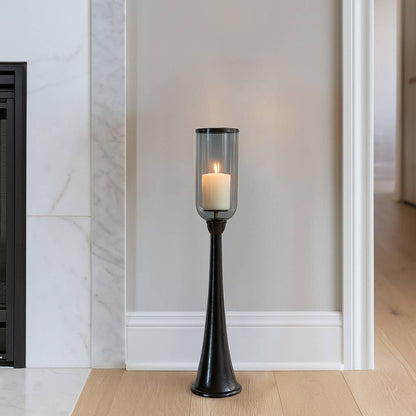 Candle Holder - Black Metal Frame Glass Hurricane, 34 in.