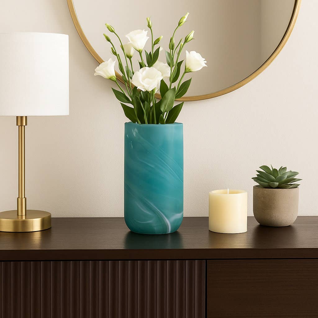 Decorative Vase - Blue Glass Swirl Coastal Inspired, 14 in.