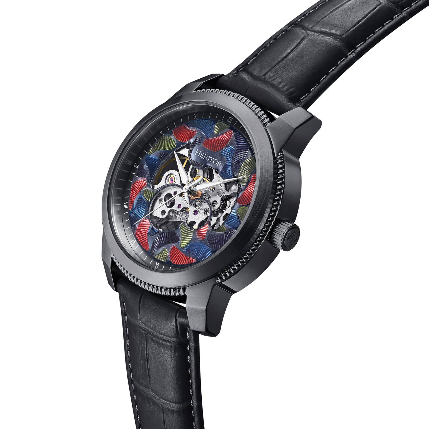 Heritor Emmanuel Men's Automatic Semi-Skeleton Leather Watch, Black/Black