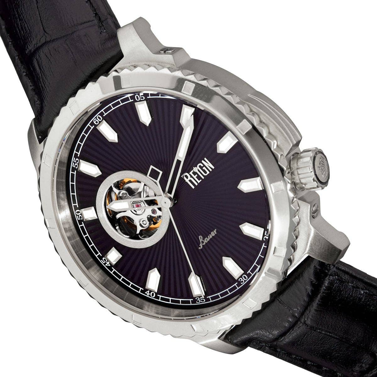 Reign Bauer Men's Automatic Semi-Skeleton Leather Watch