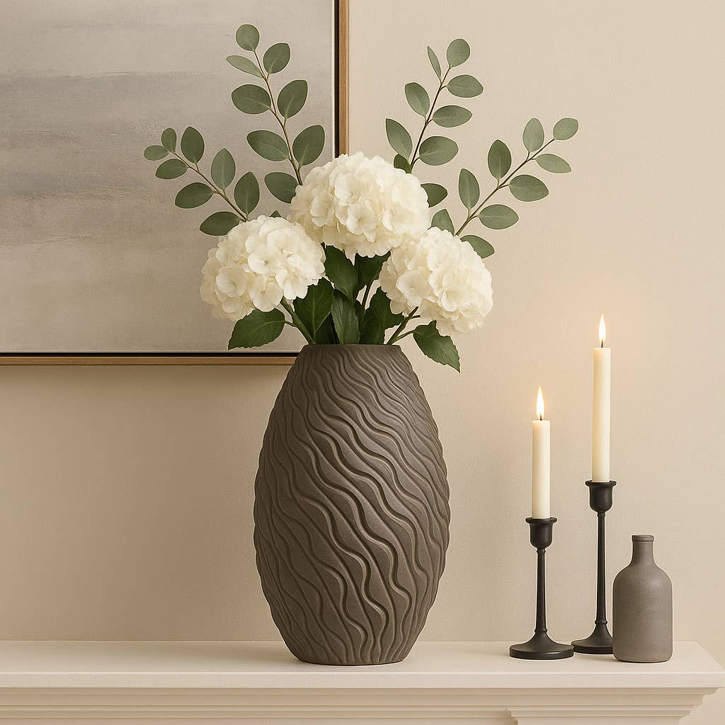 Decorative Vase - Brown Ceramic Wavy Textured, 19 in.