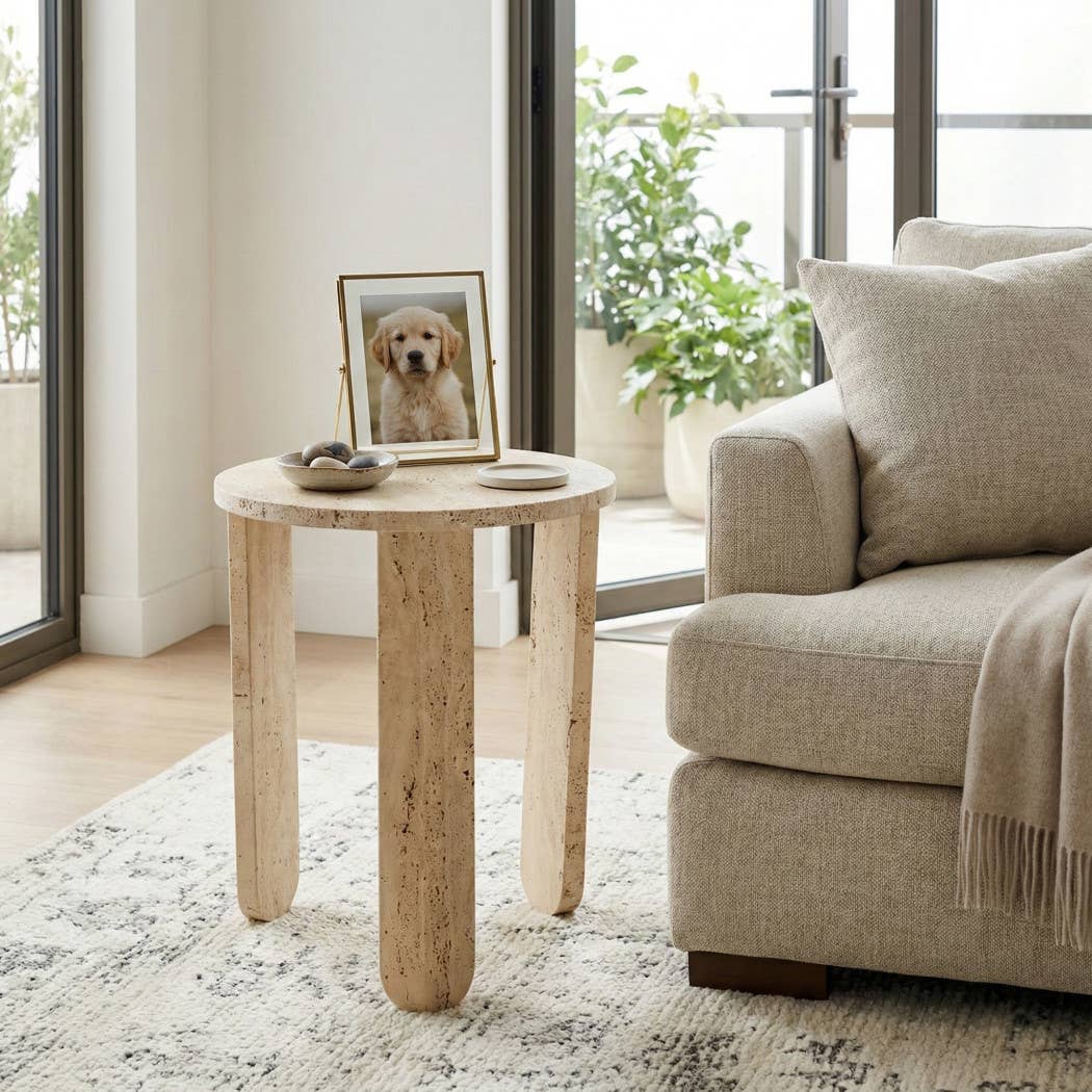Side Table - Beige Marble Carved Travertine Accent, 22 in.