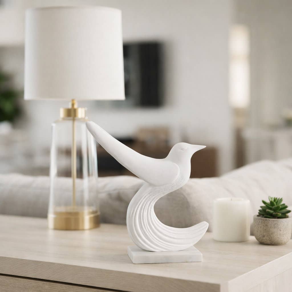 Sculpture - White Marble Decorative Bird with Base, 11 in.