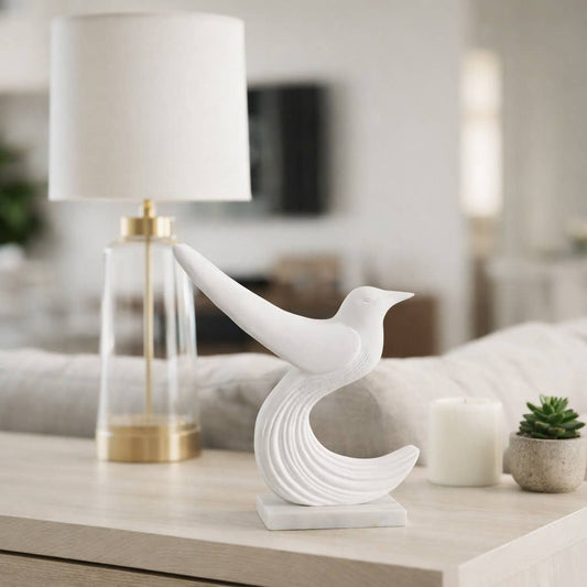 Sculpture - White Marble Decorative Bird with Base, 11 in.