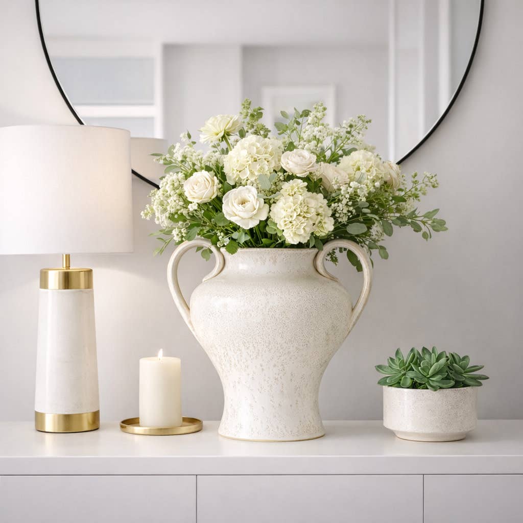 Decorative Vase - White Ceramic Small Urn Design, 16 in.
