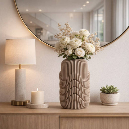 Decorative Vase - Brown Porcelain Ribbed 3D Printed, 15 in.