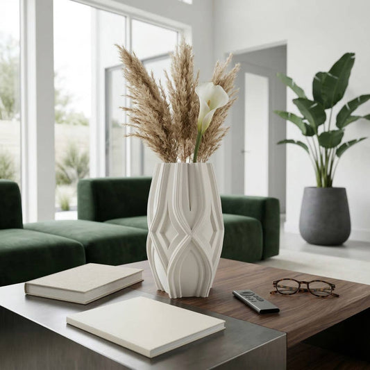Decorative Vase - Ivory Ceramic Sculpted Textured, 14 in.