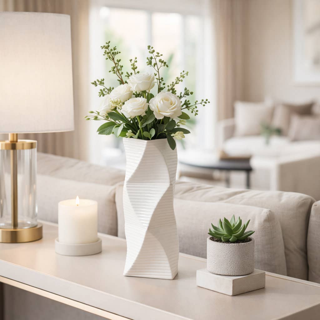 Decorative Vase - White Ceramic Wavy Textured, 12 in.
