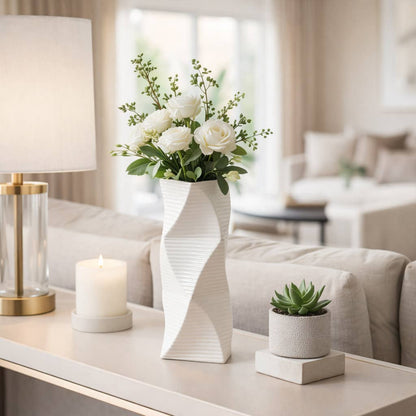 Decorative Vase - White Ceramic Wavy Textured, 12 in.