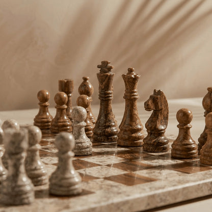 Coffee & Brown Marble Chess Set with Storage Case
