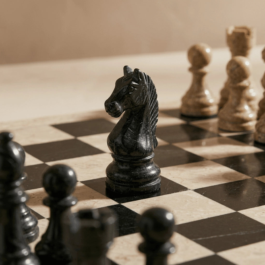 Coral & Black Marble Chess Set with Storage Case – Luxury Handmade Stone Chess Board