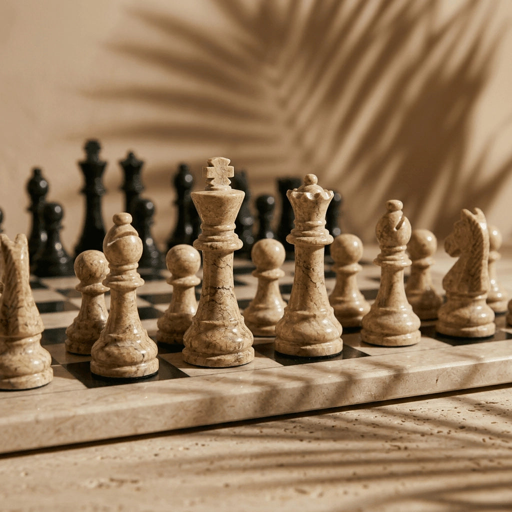 Coral & Black Marble Chess Set with Storage Case – Luxury Handmade Stone Chess Board