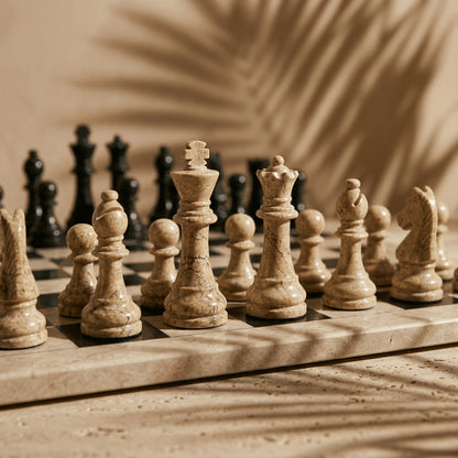 Coral & Black Marble Chess Set with Storage Case – Luxury Handmade Stone Chess Board