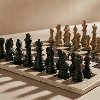 Coral & Black Marble Chess Set with Storage Case – Luxury Handmade Stone Chess Board