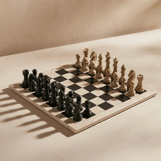 Coral & Black Marble Chess Set with Storage Case – Luxury Handmade Stone Chess Board